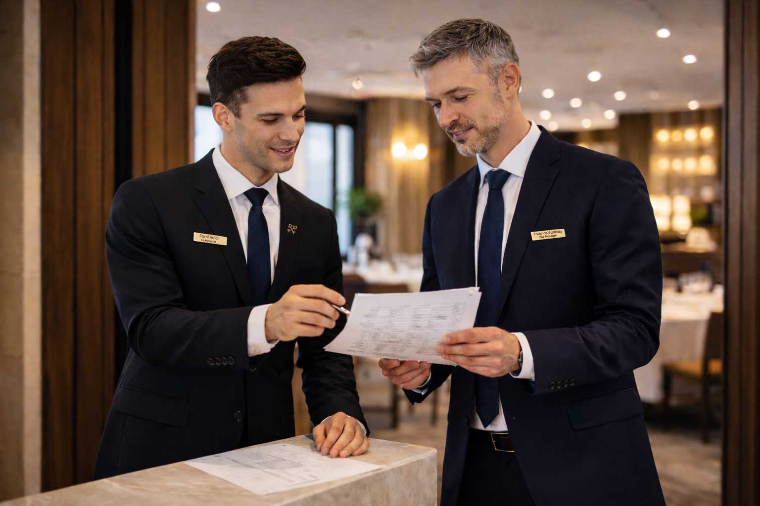 F&B-Manager geht mit Rezeption Liste der Gäste für die Restaurants durch. F&B-Manager geht mit Rezeption Liste der Gäste für die Restaurants durch.